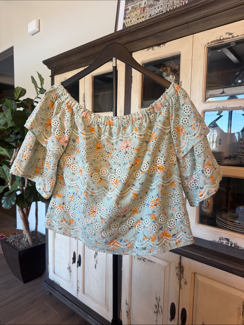 Laia for Anthropologie Light Blue Floral Eyelet Off-Shoulder Blouse